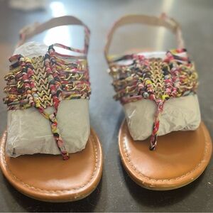 BAMBOO Red and Pink Sandals with Braided T-Strap